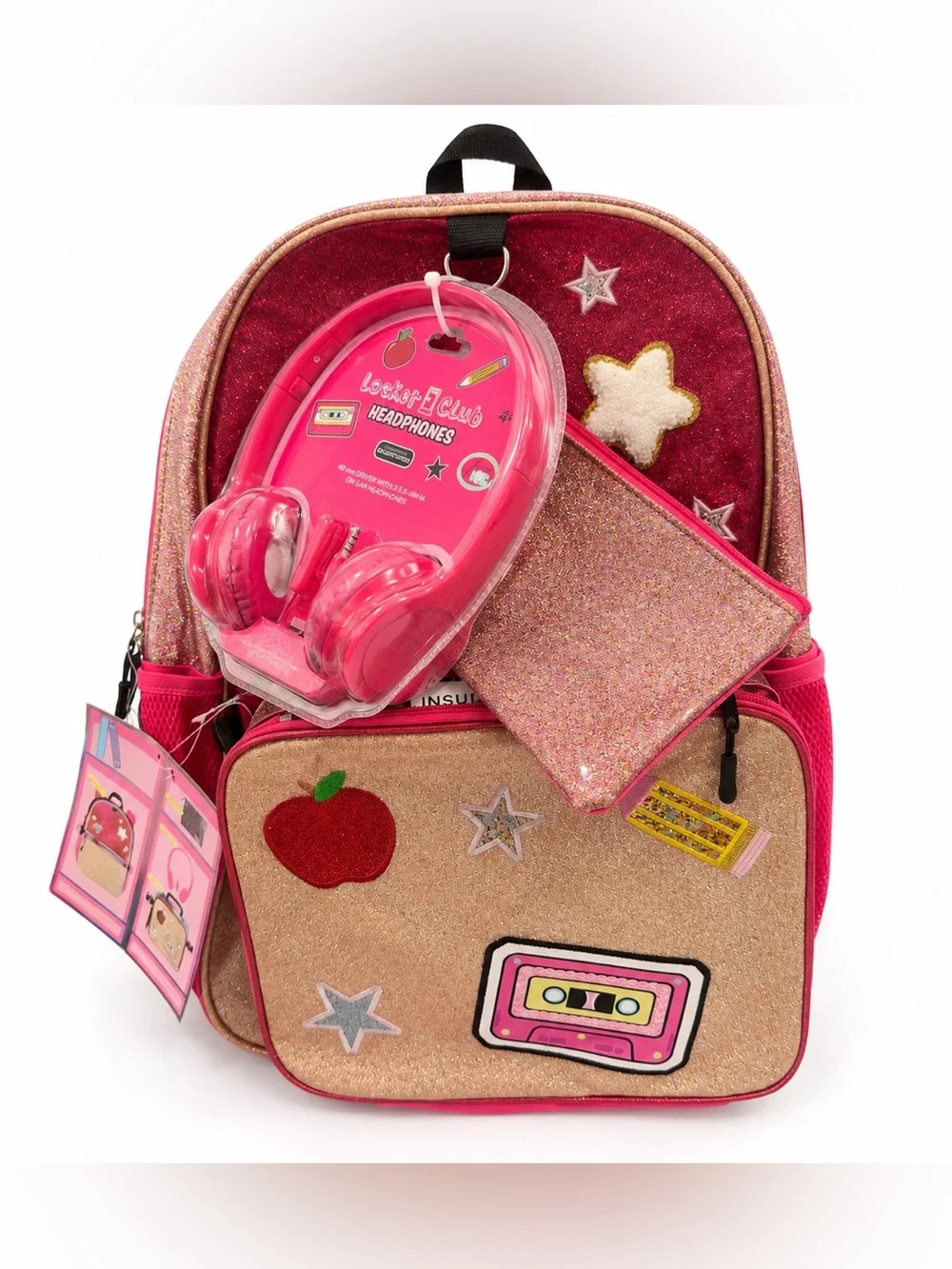 NWT Locker Club 4-Piece Glitter Backpack Set w/ Lunch Bag, Headphones & Pouch
